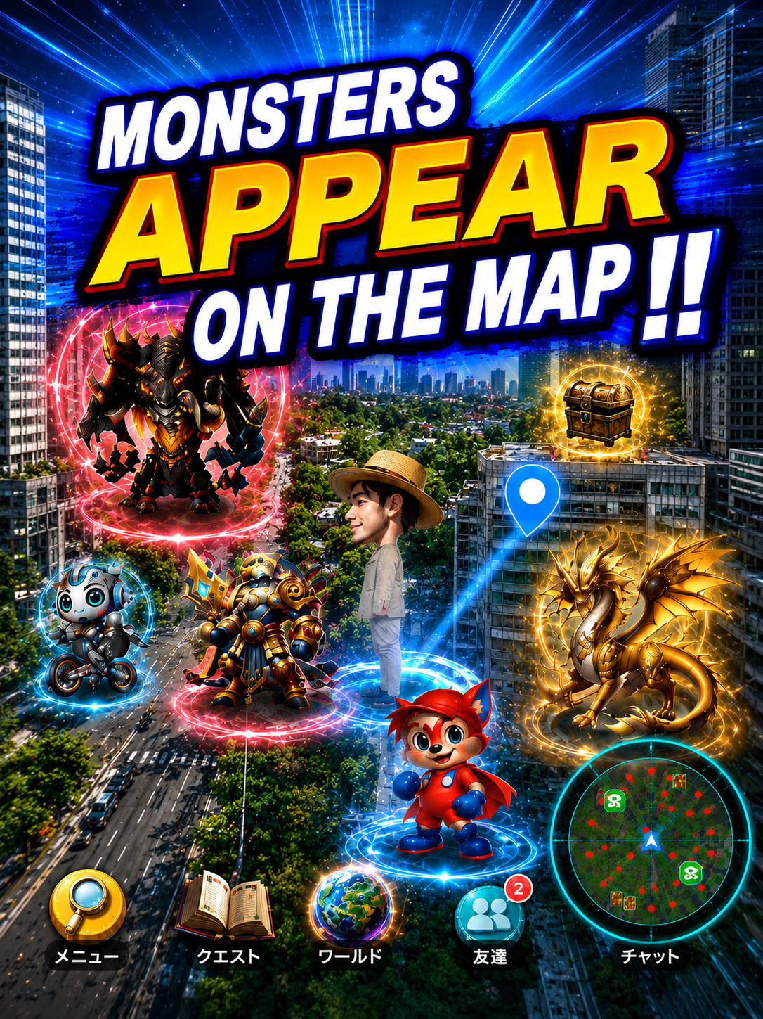 Monsters appearing across a city on the DraMap adventure map